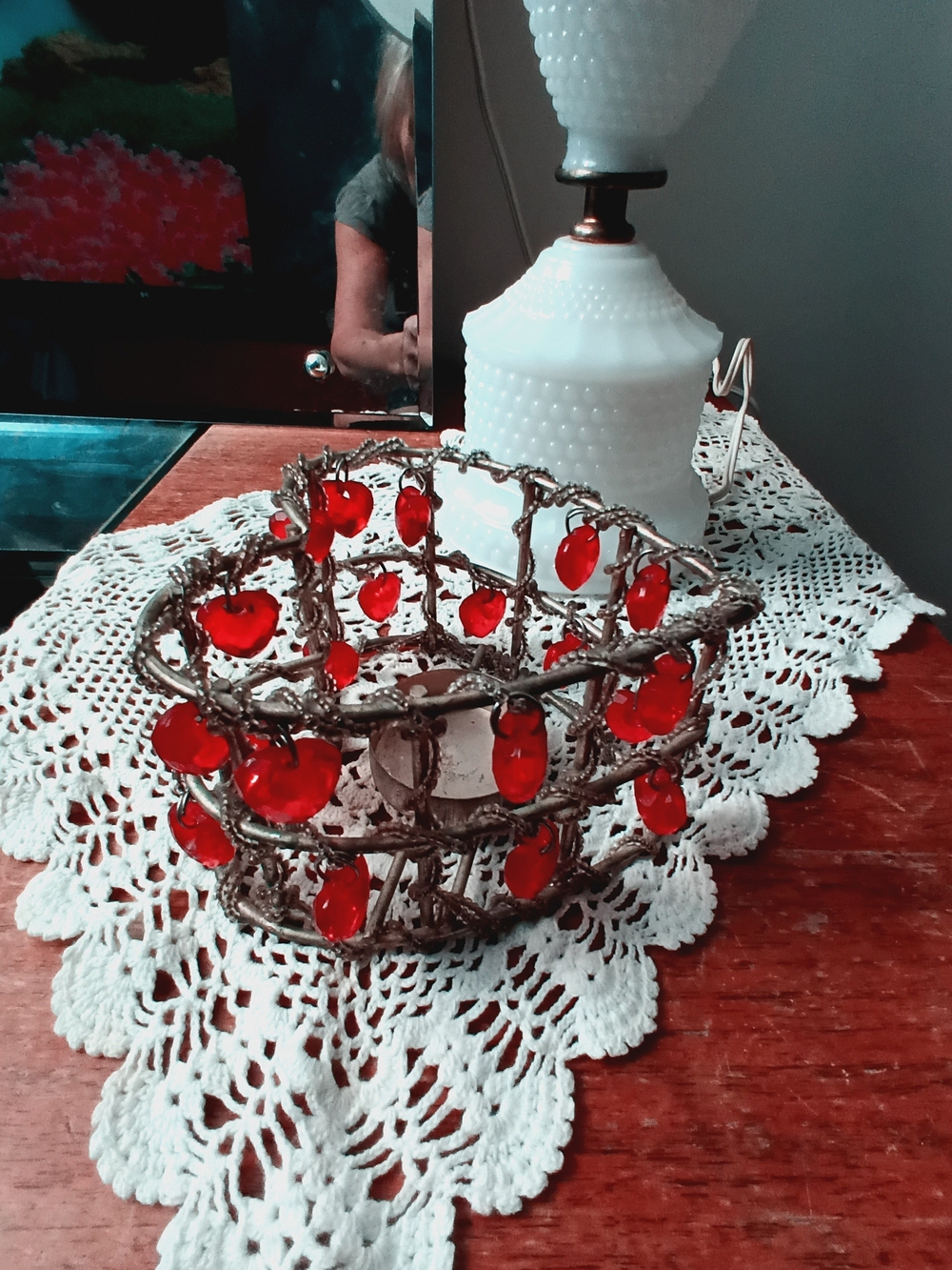 Handcrafted Metal Candle Holder with Red Glass Accents